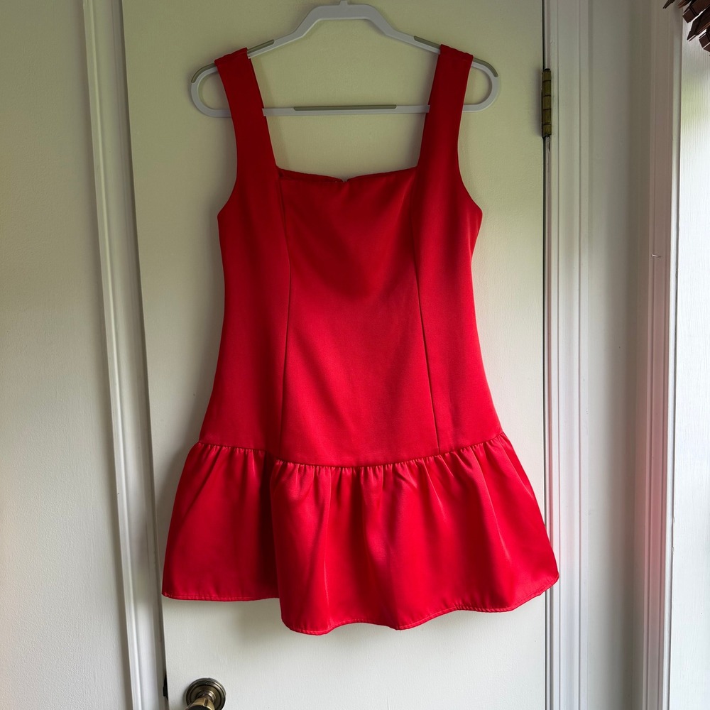 B.RIGHT Red Square Neck Drop Waist Ruffle Hem Mini Dress Womens Size Medium